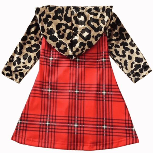 Christmas Toddlers Dress Red Plaid Leopard Print Hood A-line Size 12-18 month - Picture 2 of 7